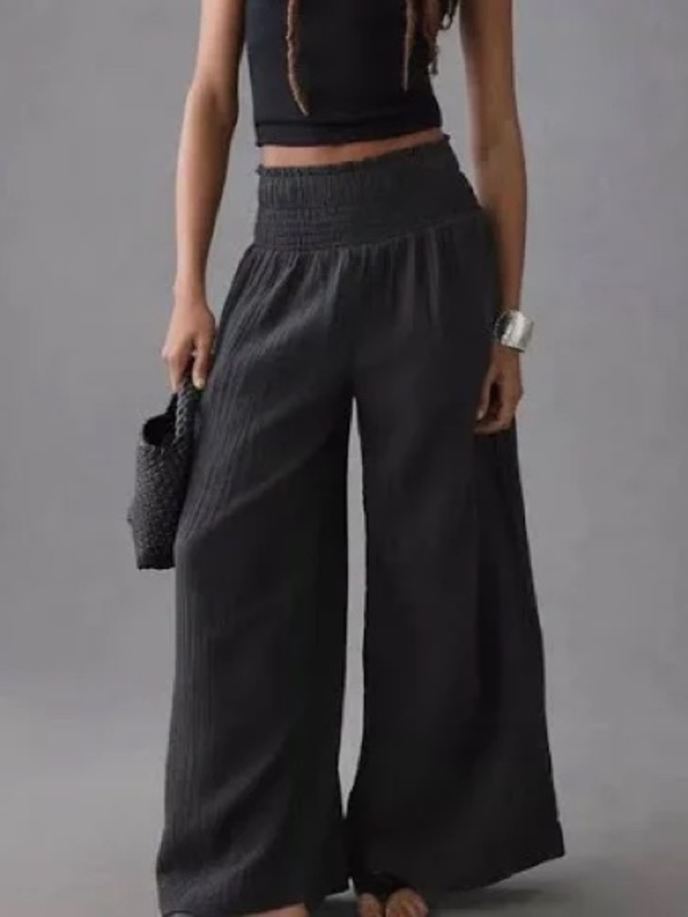 NWT Anthropologie Cloth & Stone Black Smocked High Rise Wide Leg Cropped Pants M